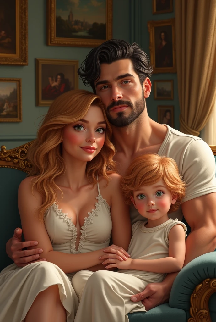 (best qualityer)), ((work of art)), (detailded), a woman with strawberry blonde hair, amber eyes, wearing a beautiful, elegant and comfortable dress with her firstborn son with green eyes and strawberry blonde hair, a big boy and his father, an extremely handsome alpha man with a defined body, green eyes, short black wavy hair, tanned on a sofa in the background, a room with paintings and royal things