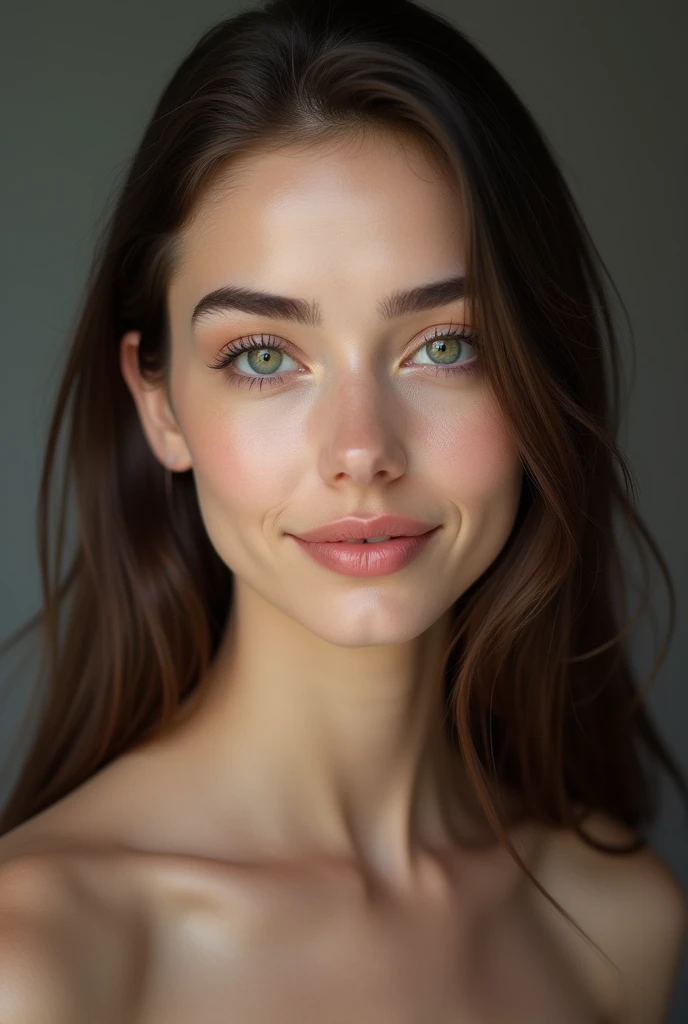 (photorealism:1.2), A 2 woman with delicate, symmetrical facial features. She has fair skin with a slight natural glow. Her eyes are large and green, with long, well-defined eyelashes. Her eyebrows are of medium thickness, well-defined and slightly arched, following the contour of her eyes. Her nose is thin and straight, with a small tip. She has full, pink lips, with a slight shine. Her cheekbones are slightly highlighted, and her face is oval-shaped. Her hair is long, straight and dark brown, falling gently over her shoulders. The expression on her face is serene, with a slight smile, conveying a sense of calm and confidence.
She is posing for the camera in a professional photography studio.
she wears elegant clothes.
realistic photo,
photos without photoshop.
realism, realistic style, best quality, full sharpness, 4K photography, real detailed skin texture, 
ultra-realistic, textured skin, remarkable detailed pupils, dull and realistic skin noise, visible skin details, 
detailed photo,
high resolution,
high quality,