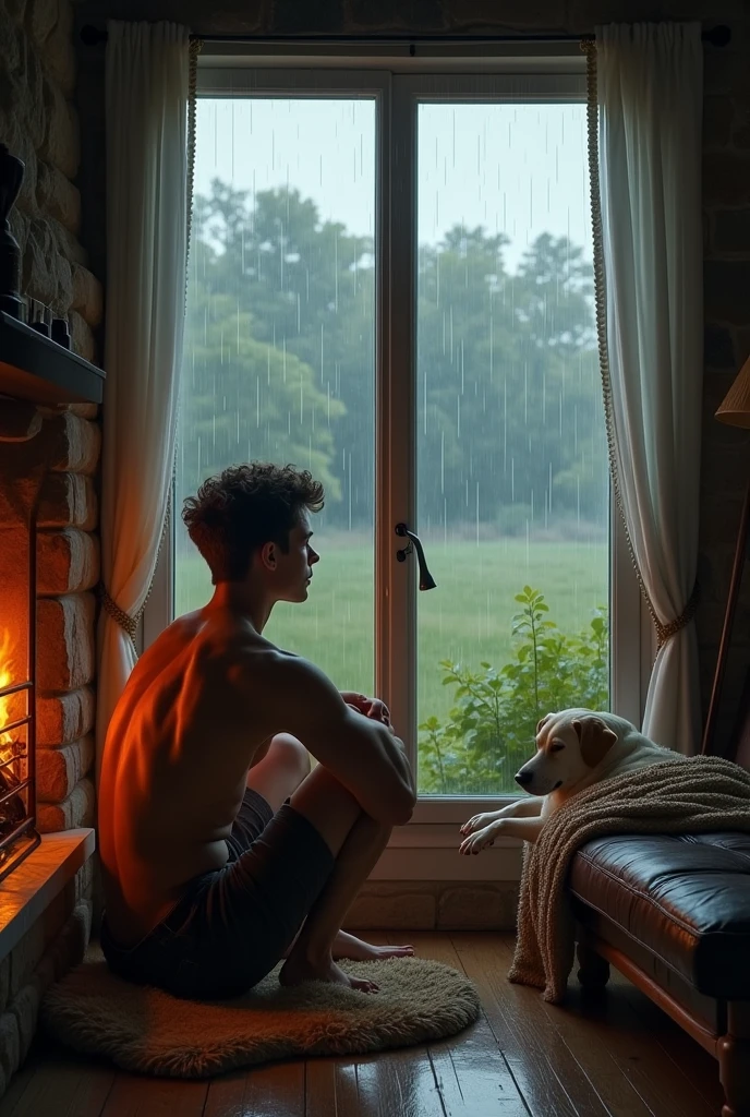 Stunning rainy October scene, by rubens+rembrant, from a countryside window, a young man sitting, perfect anatomy, realisitic skinny detailed muscles, muscled legs, handsome, gorgeous, man, heavy rain on the outside of the window, cozy, rural, art by american realisim, super cute sleeping dog, cozy blanket, fireplace, well lit, stunning, hyper detailed, highly detailed, award winning, thought provoking, beautiful, soft glow, blissful, peaceful