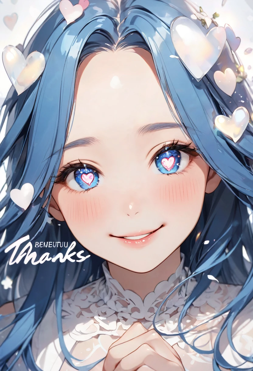 (pov, yo), (beautiful blue eyes) (beautiful detailed Heart-shaped pupils with double exposure cute heart), (beautiful detailed forehead) (best blue hair long hair), (immensely cute girl) (glossy lip) (love smile), in a cute white pne-piece dress, break, (pov, focus-face, close-up face), break, (((background white and font "Thanks"))), BREAK, best quality, 16k.