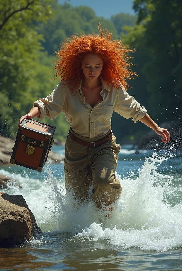 Red-haired woman with curly back throwing a trunk with a padlock into the river