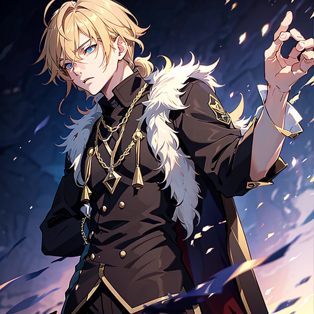 Anime attractive man, 20 year old, blonde hair, very very short ponytail, tall, muscular, solo, one person, light blue gold-accented, high-collared dress shirt, black choker, dark blazer with gold lining and buttons unbuttoned, long dark overcoat with a fur trim, rolled up sleeves, rolled up sleeves, rolled up sleeves, rolled up sleeves.