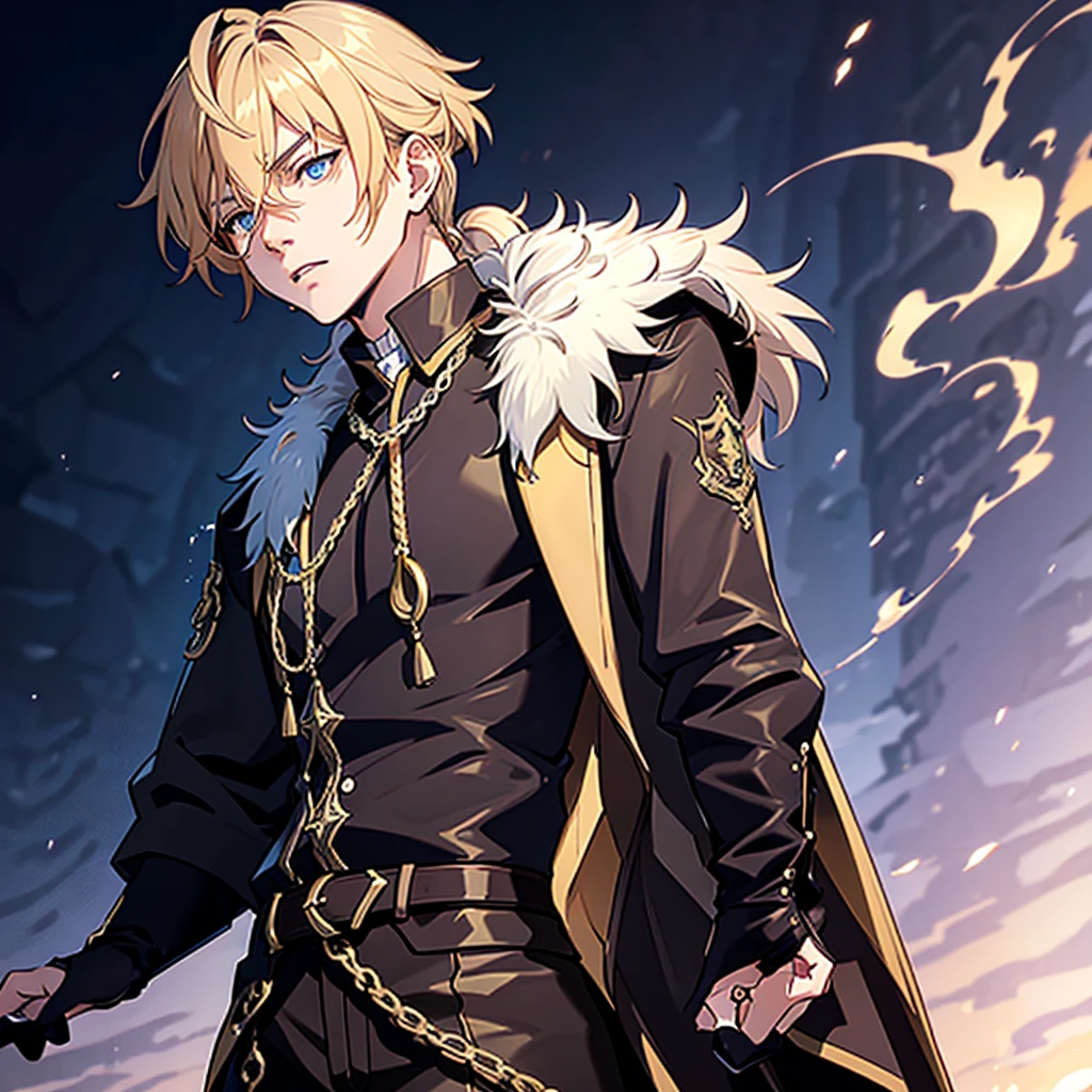 Anime attractive man, 20 year old, blonde hair, very very short ponytail, tall, muscular, solo, one person, light blue gold-accented, high-collared dress shirt, black choker, dark blazer with gold lining and buttons unbuttoned, long dark overcoat with a fur trim, rolled up sleeves, rolled up sleeves, rolled up sleeves, rolled up sleeves.
