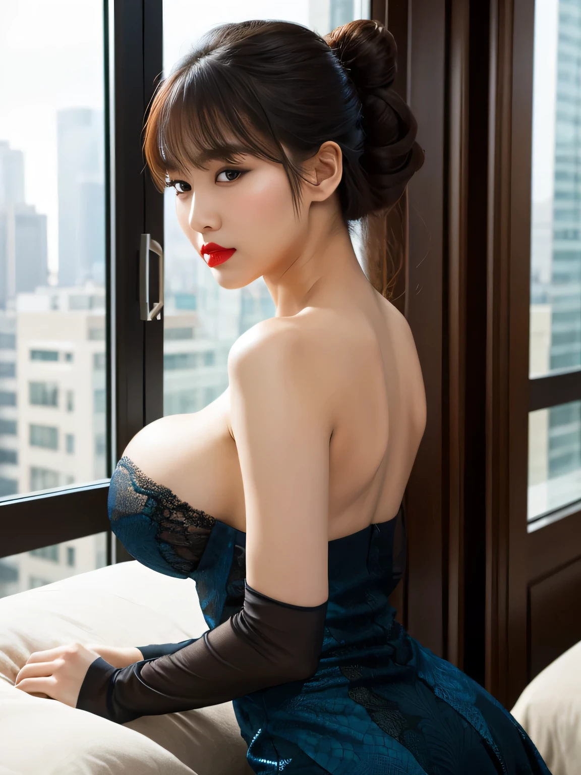 Best Quality, Highest Resolution, Realistic, Detailed, Various colors, (Soft focus:1.2), Masterpieces, (Huge breasts that spread out on both sides:1.5), Glossy skin, Heavy makeup, Red lips, Closed mouth, Bangs, Milkmaid braid hair, Beautiful woman,
She's strong and intimidating, Villainess, Glamorous body, (Condescending gaze, She will charm with gaze), Overbearing behavior, Looking at camera,
Elegant designed tube top dress, Dress has an intricate pattern of jagatronic lace, Strapless, Sleeveless,
Bedroom , Bedroom has glass on all sides, Large wide horizontal panoramic window, Outside the window are skyscrapers
