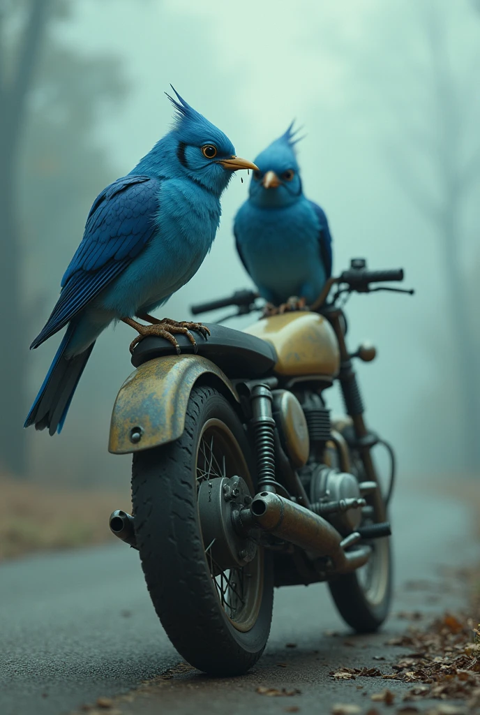 Blue birds getting off the motorcycle crying