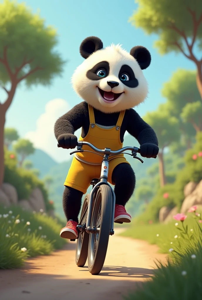 Draw a semi realistic panda, nice and happy look, You must wear sports clothes and ride a bicycle on a path.