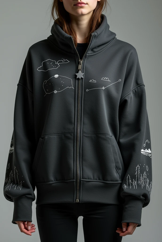 Sweatshirt with front zipper ( star shaped), a little more fitted to the body, but with wide, comfortable sleeves in a dark shade like gray or charcoal that gives a more sober vibe. on the sleeves, drawings of small details of constellations with mystical details. in back, drawings of a night landscape with dark clouds and silhouettes of trees and mountains in the distance in a minimalist style.