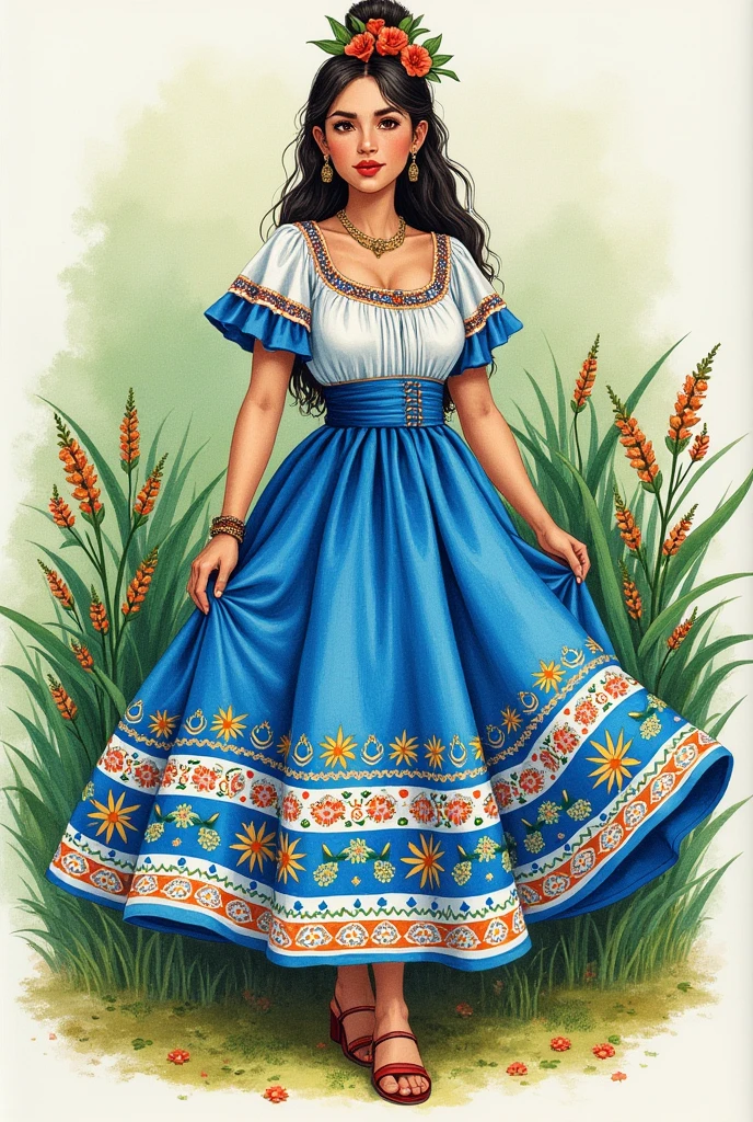 Nicaraguan folk costume blue and white drawing