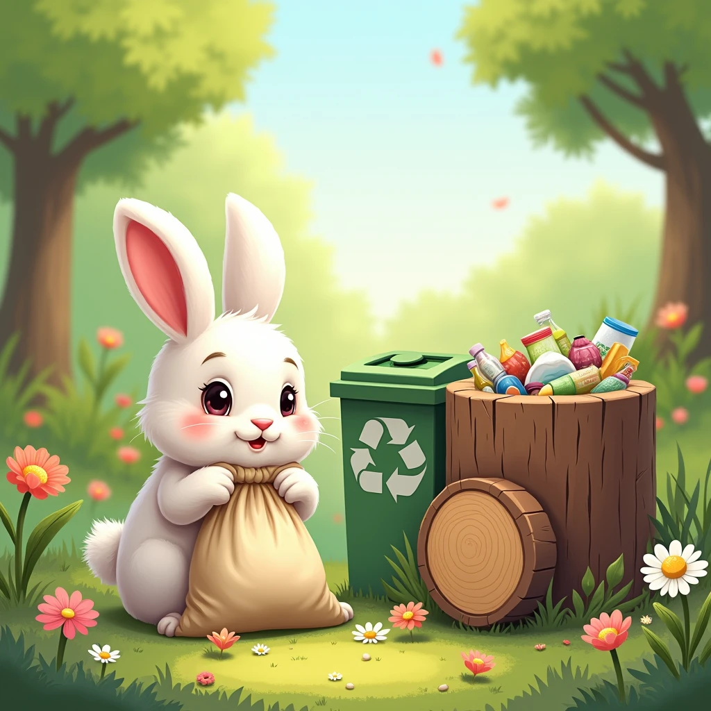A cute rabbit is holding a bag of trash to sort into a bin in a lush spring garden, which has three bins categorized for recycling, organic waste, and other waste. The round bin is made from a tree stump
