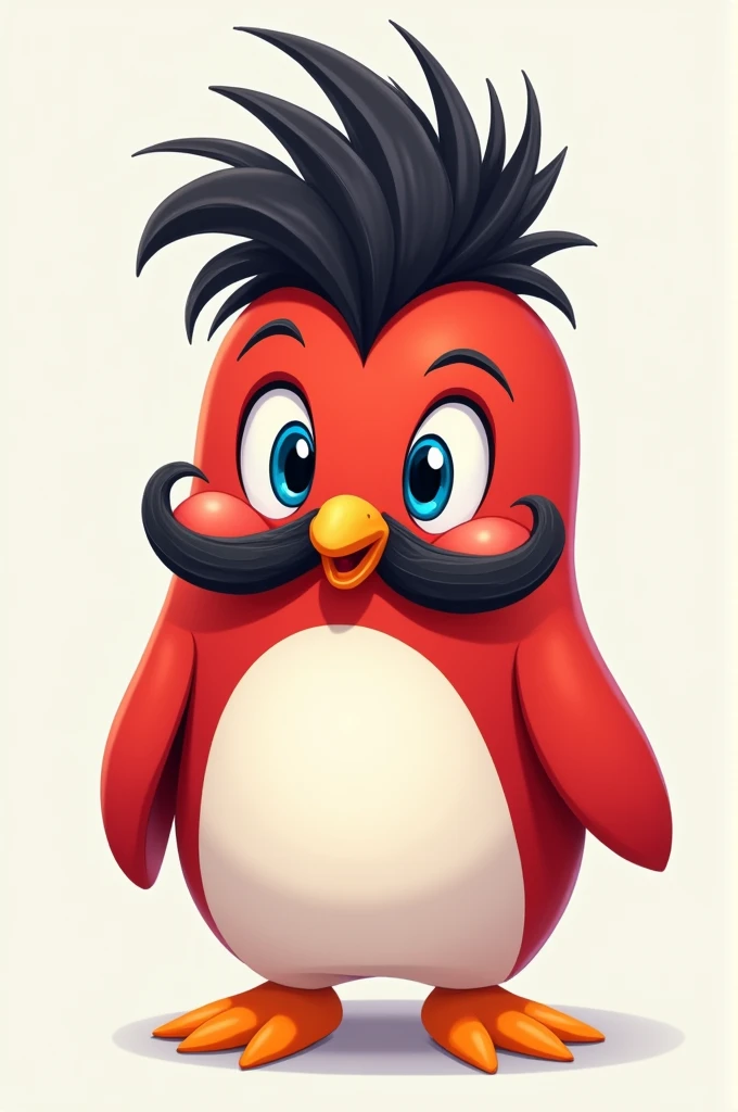 A red penguin with black hair, blue eyes, orange beak and feet and a mustache