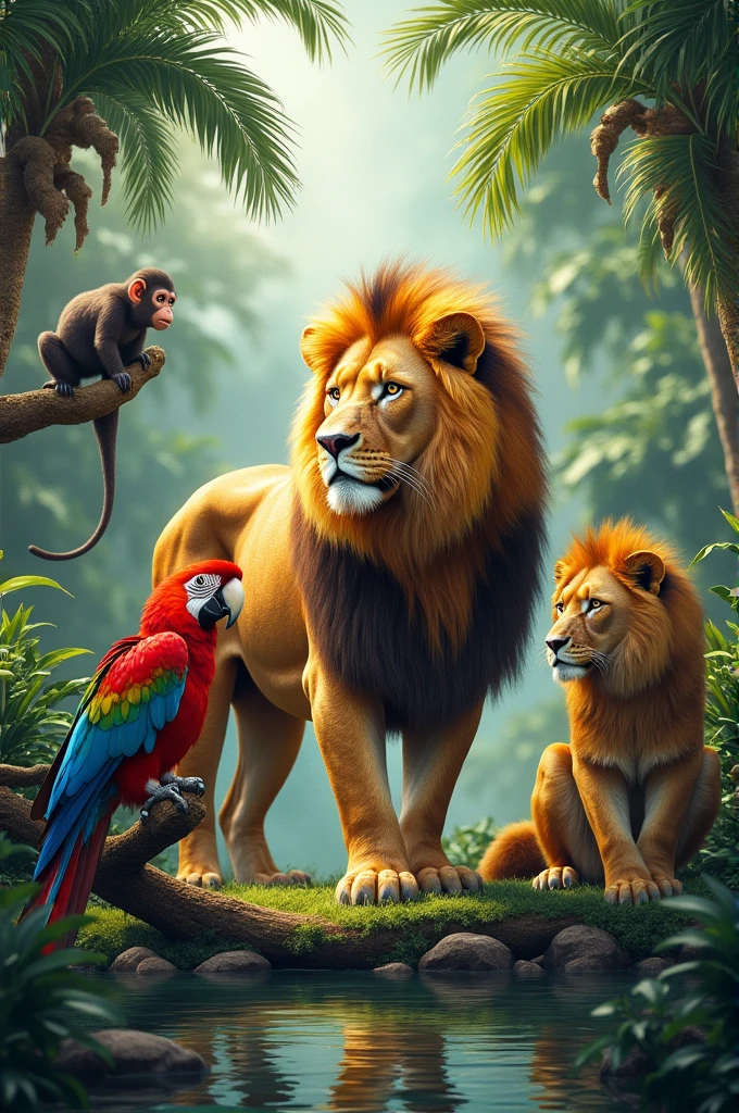 a lion, A lioness, a macaw, an ape, and a lion drinks