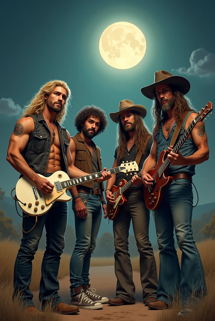 Image of 4 young members of a southern rock band.
1 member has very long, blonde hair, does not wear a hat, use beard loira, has a strong physical build, wears a leather vest and tight leather pants, holding a white Les Paul guitar. 1 member has long black curly hair, use beard, wears All Star and holds a drumstick. 1 member has long black hair, use beard bem comprida, doesn't wear glasses, wears a cowboy hat and holds a brown bass guitar. 1 member wears long blonde hair, does not wear a hat usa cavanhaque comprido, wears square style glasses, wears bell-bottom pants and holds an old microphone.
Everyone is under the moonlight in Texas.