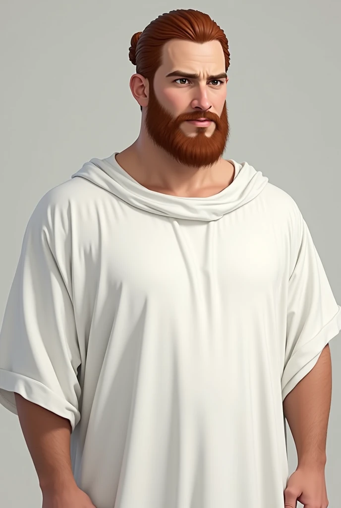 man in all white tunic, jewish type, Essenian priest, without any strap, without any details, Caucasian skin, eyes browns, brown hair tending towards red, short and trimmed, combed forward and to the side, without a topknot and without bangs, short beard, well trimmed, closed, brown color tending towards red, burly.