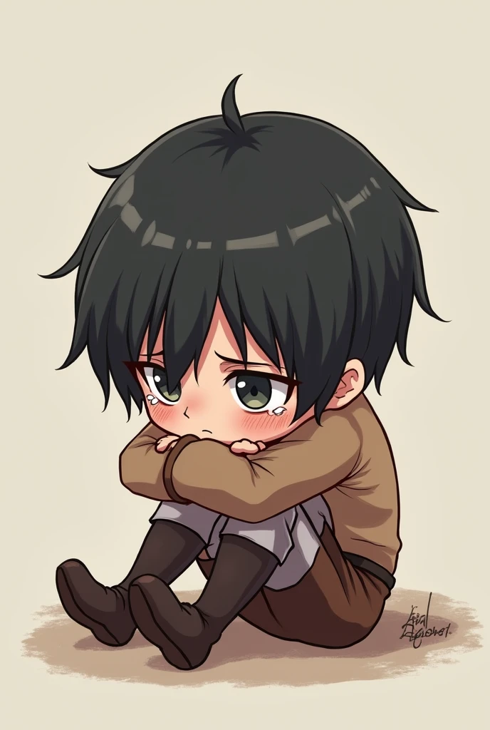Create a chibi character of eren crying with his face on his knees 
