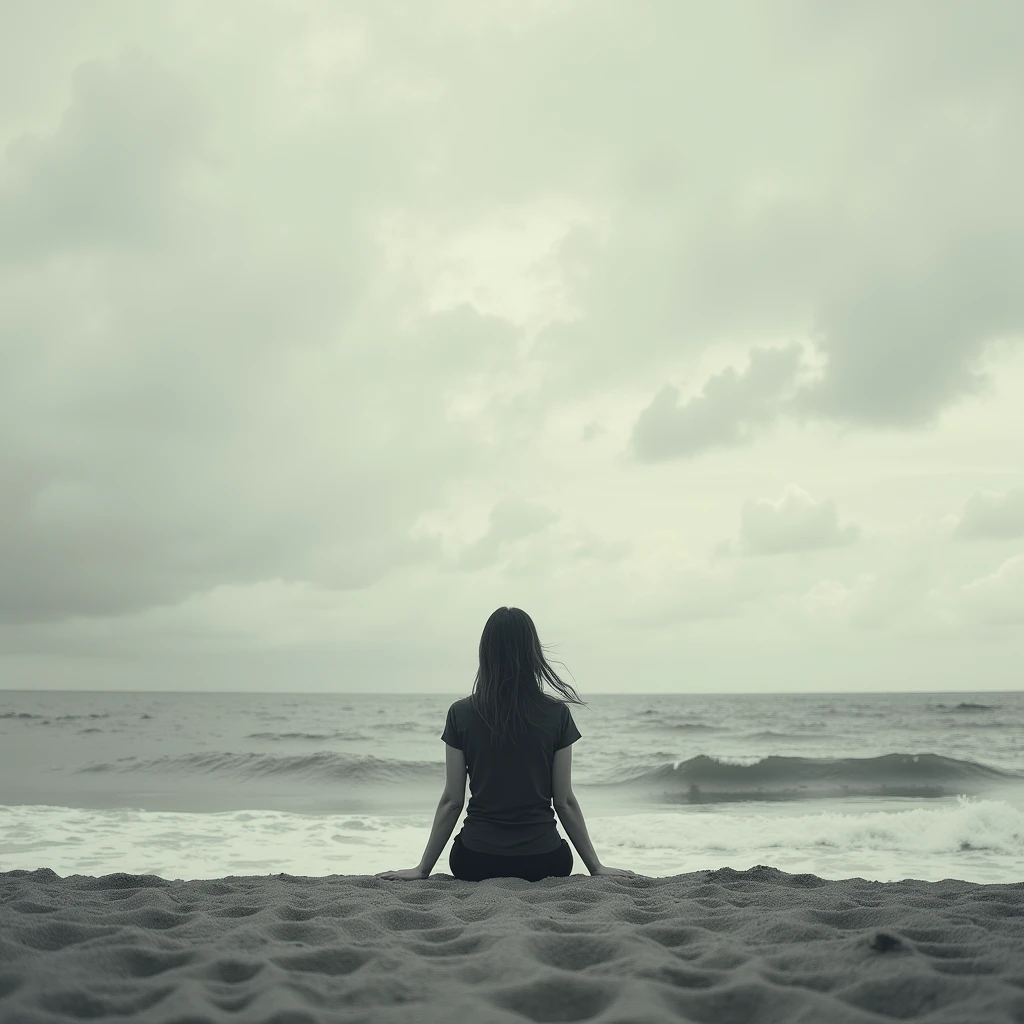  Distant woman in the distance sitting on the sand admiring the immensity of the ocean, surf , arena, costa, clouds, cloudy, winds, loneliness, melancholia, sadness, Photography, Realism, analogic camera effect, masterpiece, perfect composition, black and white