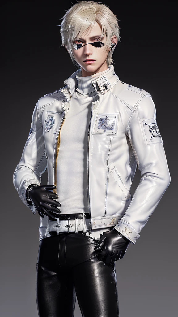 ((Final fantasy taste and reality graphics)), ((Japanese young cute and cool ikemen boy)), his age is early 20s, thin eyebrows and beady eyes, ((((he wearing white color leather very thick single-brest jacket)))),((((leather jacket is smooth luster and shiny)))), ((jacket with epaulet)), ((leather jacket close all zippers)),, ,(( jacket collar is very high length stand-up collar with belts)), , (((also wearing black color turtleneck polyester shirts))), (((tight black and leather pants))), ((((black leather tight and thin glove)))), ((black color leather knee-high raceup boots)),head-to-toe, whole body, boy looks like fashion model,Do not show skin from the neck down,(((all his clothes are smooth design and very shining))),(((Avoid adding unnecessary decorations to your clothes))),(((all clothes is simple design and appearance))),(((don't wear jewelry on all clothes)))