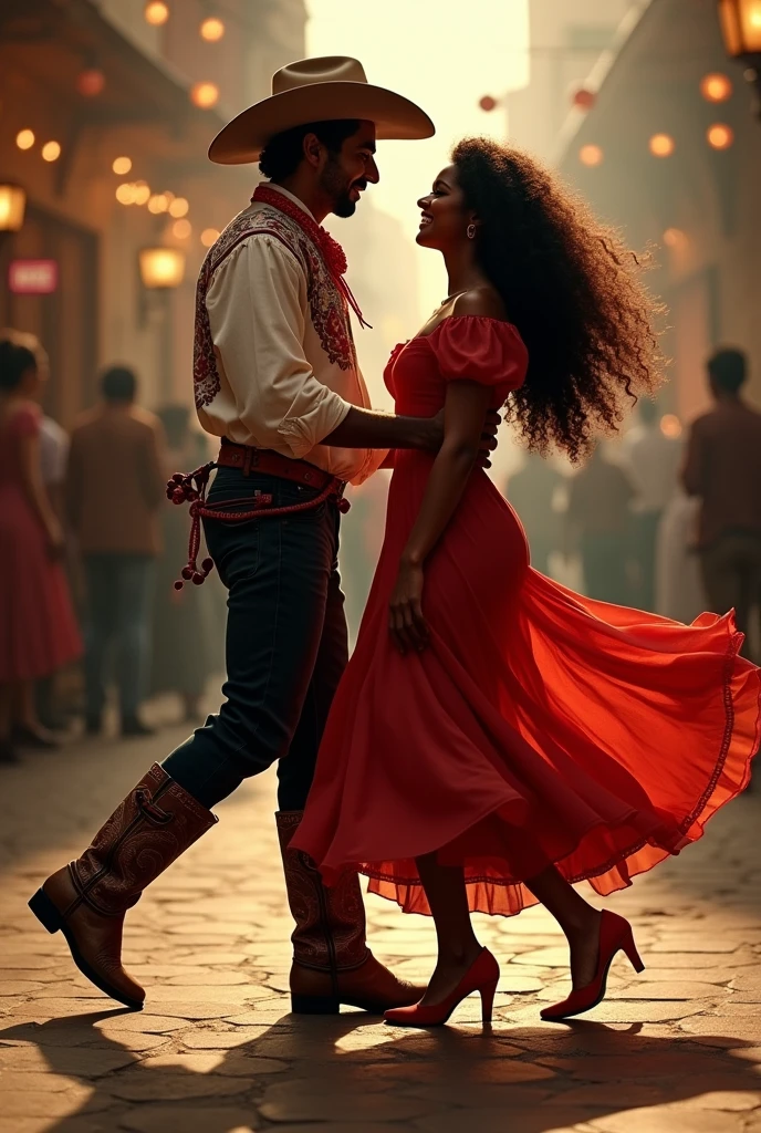 The gaucho dancing CTG with gaucho boots dancing a tap dance with a beautiful black woman 
