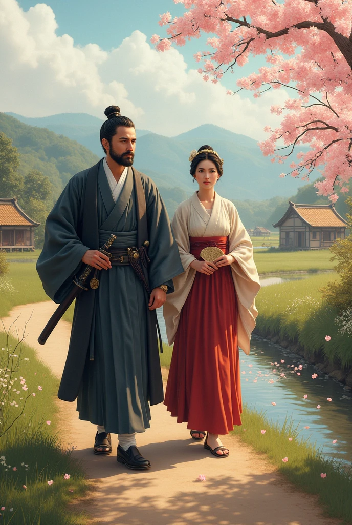 Japanese general with his 20-year-old daughter walking in the countryside in the year 1800