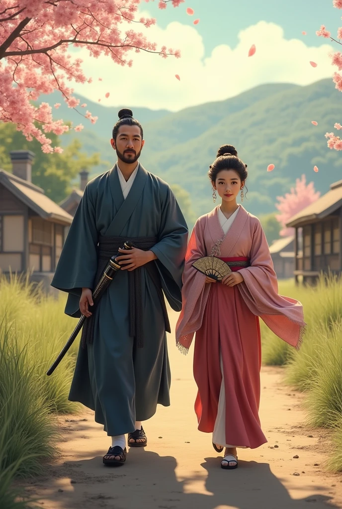 Japanese general with his 20-year-old daughter walking in the countryside in the year 1800