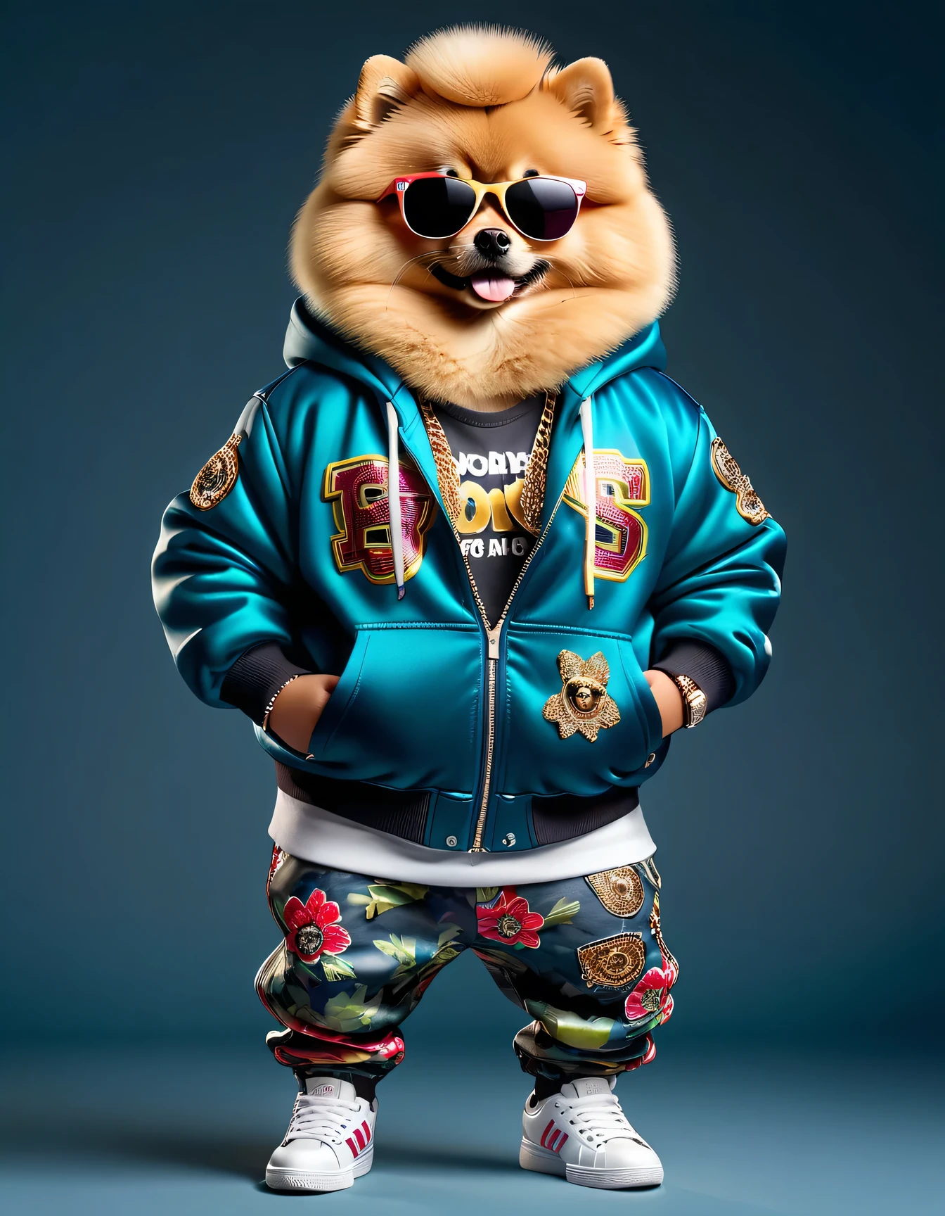 photorealistic portrait of Dressed animals - a ((fat)) (Pomeranian) hip hop dancer,(hands on hips:1.5), high quality,(lovely) ,intricate details, highly detailed ((hip hop fashion)) ,(wearing sunglasses:2.0), (cap, pants, sneakers),(wearing a jacket and hoodie) ,, wearing sunglasses, (happy), studio lighting,(full body image:1.5)