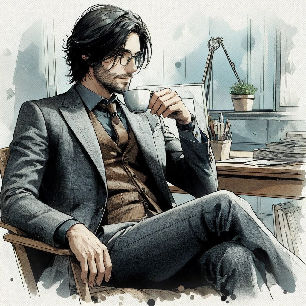 One man, Black Hair, Pointy Ears, accurate, smile, beard, black eye, Silver-rimmed glasses,Feet out of frame,