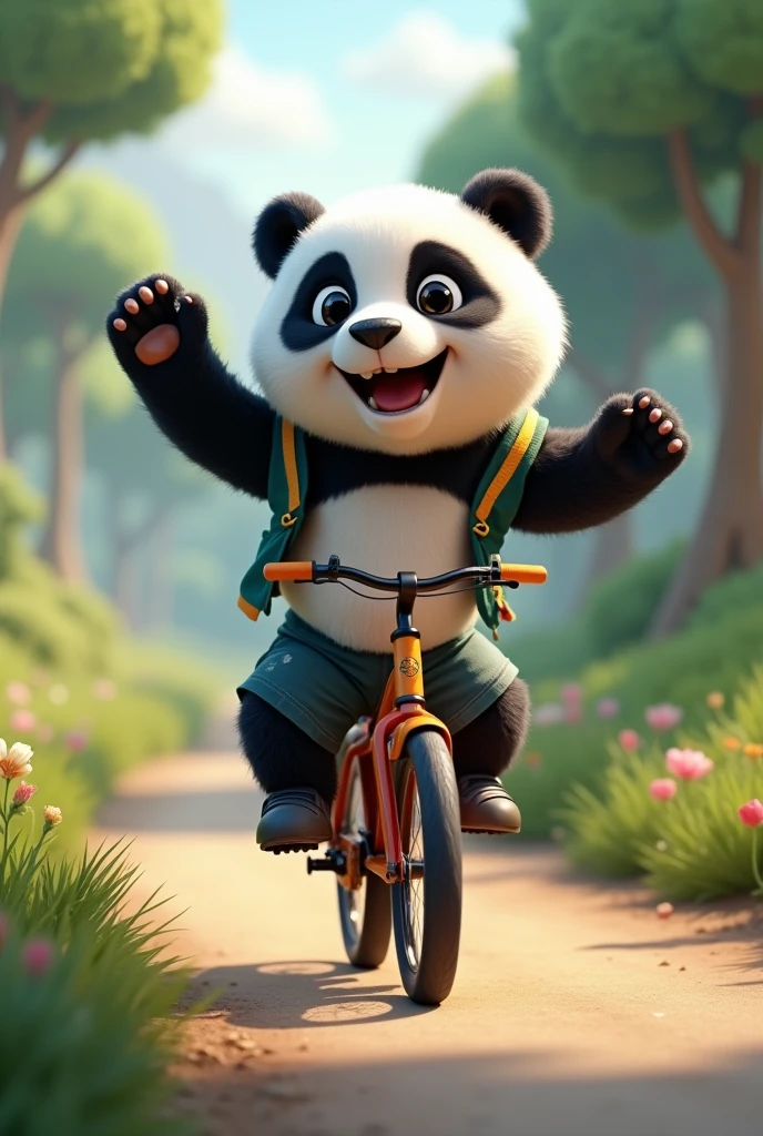 Draw a semi realistic panda, nice and happy look, You must wear sports clothes and ride a bicycle on a path.