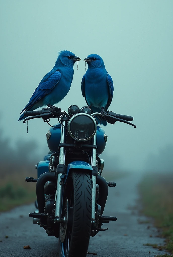 Blue birds on top of the motorcycle crying