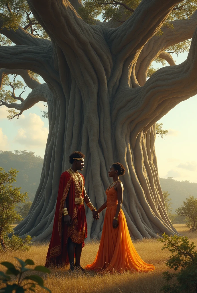 Un prince africain tenant la main de sa princesse sous un baobab
