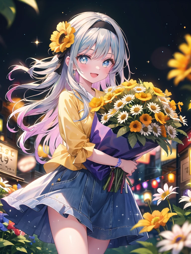 ((8k, Highest quality, masterpiece: 1.3)),Ultra-high resolution,(1 girl, alone), (Color changing eyes, Ultra-detailed, Expressive brilliance, Glitter, Glowing Eyes), Highly detailed eyes, Highly detailed face, Random Hair, ((pastel colour))Imagine a woman in a vibrant outdoor flower market, surrounded by colorful blooms in every direction. She’s holding an abundant bouquet of vivid orange marigolds, blue delphiniums, and white daisies, wrapped in bright yellow tissue paper with a playful bow. The bouquet is large and lush, extending outward with a cheerful mix of colors that draws attention to her happy expression. She’s dressed in a casual, yet stylish, olive green blouse and a knee-length denim skirt, her hair styled in loose waves with a trendy headband. She’s angled slightly to the left but looks directly at the camera with a bright, enthusiastic smile, her eyes sparkling with excitement and warmth. She extends the bouquet forward as if handing it over to a friend, her posture relaxed and inviting. The market’s background includes vibrant flower stalls, hanging string lights, and a bustling atmosphere, with gentle sparkles highlighting the festive, joyful mood of the scene.