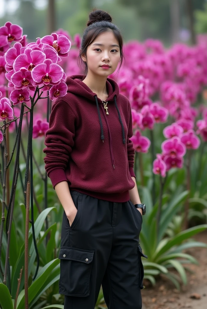 a beautiful Indonesian woman, smooth white skin, well-groomed face,hair in a bun , Korean road, ,wearing a maroon knit hoodie, brand name (feel ) trendy black cargo pants with lots of pockets,black watch, white shoes, posing standing next to maroon flowers. which flowers beautifully and thickly. The background of the beautiful orchid flower garden is very amazing .Realistic original photo 