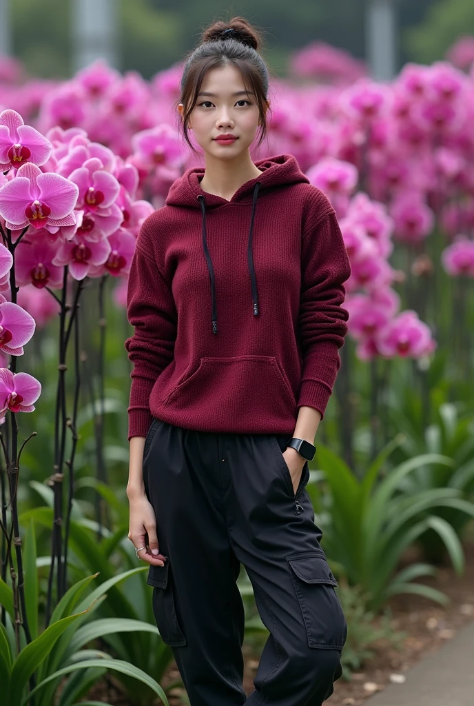 a beautiful Indonesian woman, smooth white skin, well-groomed face,hair in a bun , Korean road, ,wearing a maroon knit hoodie, brand name (feel ) trendy black cargo pants with lots of pockets,black watch, white shoes, posing standing next to maroon flowers. which flowers beautifully and thickly. The background of the beautiful orchid flower garden is very amazing .Realistic original photo