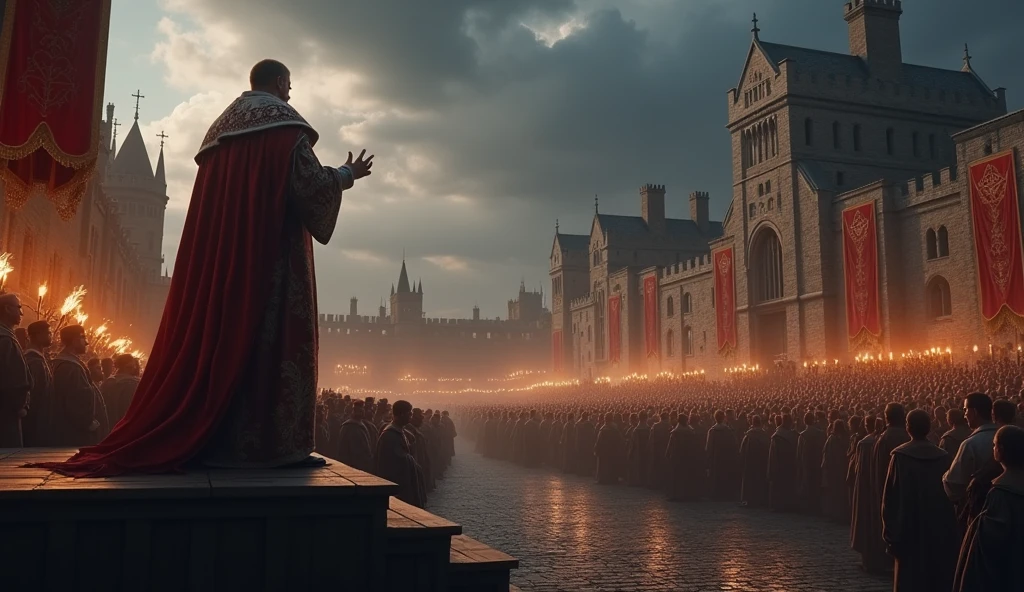 In a grand, cobblestone square of medieval London, Edward III stands elevated on a wooden platform, his regal presence dominating the scene. Clad in a richly detailed, royal robe, his hand is raised in a commanding gesture as he makes his solemn proclamation. The crowd below is a diverse mix of nobles in ornate attire, their faces stern and attentive, and common citizens, who listen in awe and reverence. The atmosphere is thick with tension, as the significance of his declaration hangs in the air. Dark, stormy clouds gather in the background, casting a brooding shadow over the assembly, while the ancient stone buildings of London rise imposingly around them. Flickering torches and banners bearing the royal crest add to the sense of gravity and impending change. The light, filtered through the darkening sky, highlights Edward’s figure, giving him an almost ethereal glow, as the crowd, illuminated by the warm glow of torches, looks on with a mix of fear, hope, and uncertainty., Surrealism, Hyperrealism, UHD, retina, masterpiece, accurate, anatomically correct, textured skin, super detail, 16k