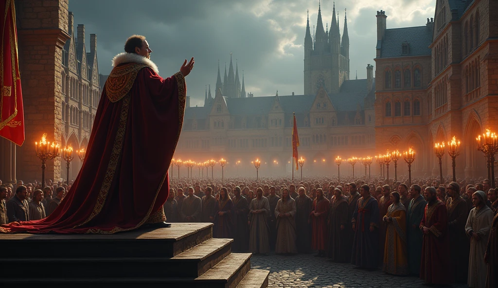 In a grand, cobblestone square of medieval London, Edward III stands elevated on a wooden platform, his regal presence dominating the scene. Clad in a richly detailed, royal robe, his hand is raised in a commanding gesture as he makes his solemn proclamation. The crowd below is a diverse mix of nobles in ornate attire, their faces stern and attentive, and common citizens, who listen in awe and reverence. The atmosphere is thick with tension, as the significance of his declaration hangs in the air. Dark, stormy clouds gather in the background, casting a brooding shadow over the assembly, while the ancient stone buildings of London rise imposingly around them. Flickering torches and banners bearing the royal crest add to the sense of gravity and impending change. The light, filtered through the darkening sky, highlights Edward’s figure, giving him an almost ethereal glow, as the crowd, illuminated by the warm glow of torches, looks on with a mix of fear, hope, and uncertainty., Surrealism, Hyperrealism, UHD, retina, masterpiece, accurate, anatomically correct, textured skin, super detail, 16k