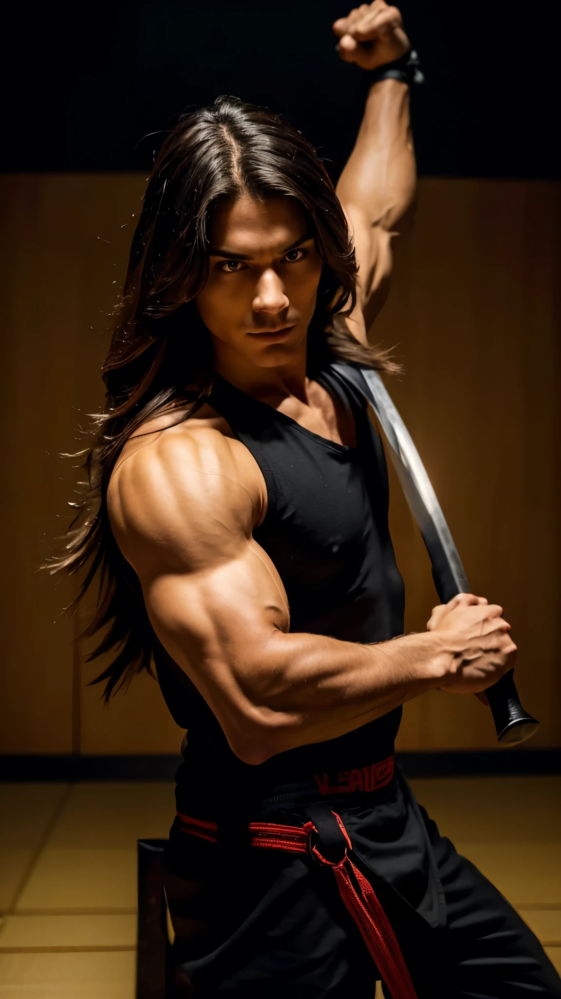 Fighting with two swords, Samurai, Stretch your arms, Realist:1.3,( fPhoto, Realist, 8k, RAW Photos, Premium Quality, masterpiece, Great lighting, Centered Images), (Dynamic Movement, Dynamic fighting,), (2 katana), whole body, (Disheveled brown long hair), (Handsome Japanese young man, 1, have confidence、Trained muscles., Wildman and his body with perfect details), cyber punk, Warrior, Tokyo, Shibuya Ward, 