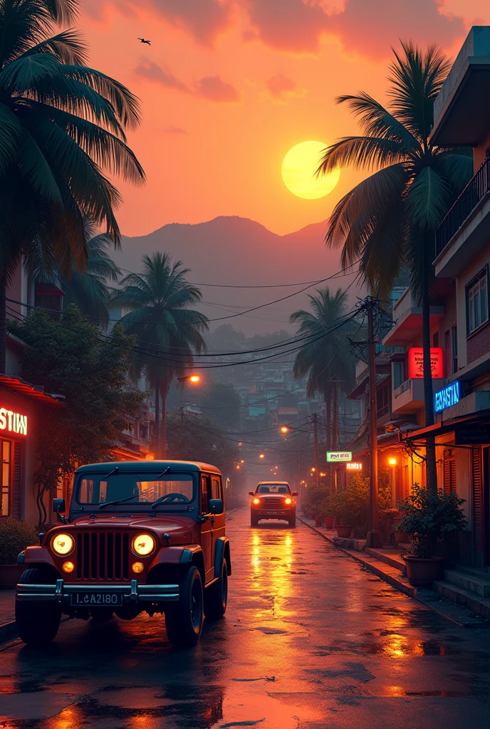 Graphic design studio,Indian city street,evening orange sky,greenish hill background,Jeep parking outside,wetroad