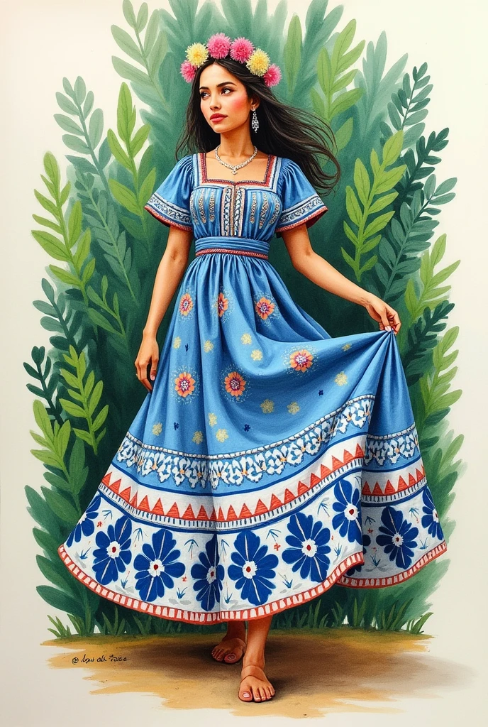 Nicaraguan folk costume blue and white drawing