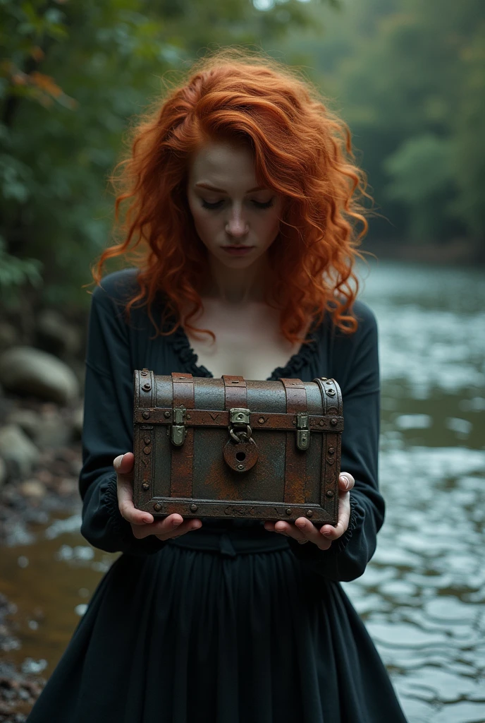 Curly redhead woman looking at the river and throwing a chest with a padlock into the river