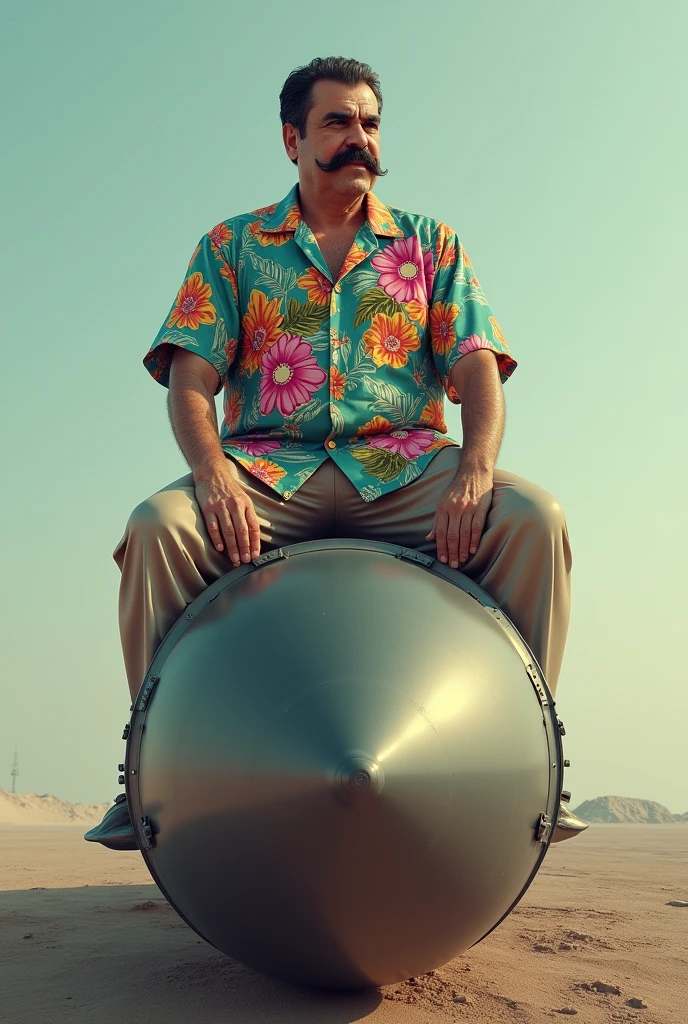 sadam hussain with a Hawaiian shirt on top of an atomic bomb