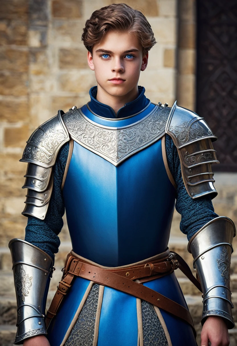 Create the image of a 20 year old medieval prince with blue eye armor and young full body