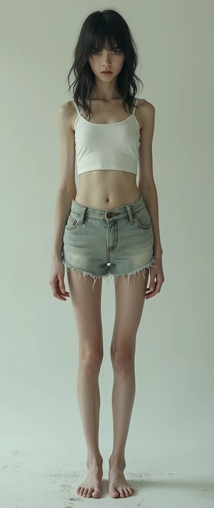 1 white anorexic girl wearing a crop top & a mini skirt full body.