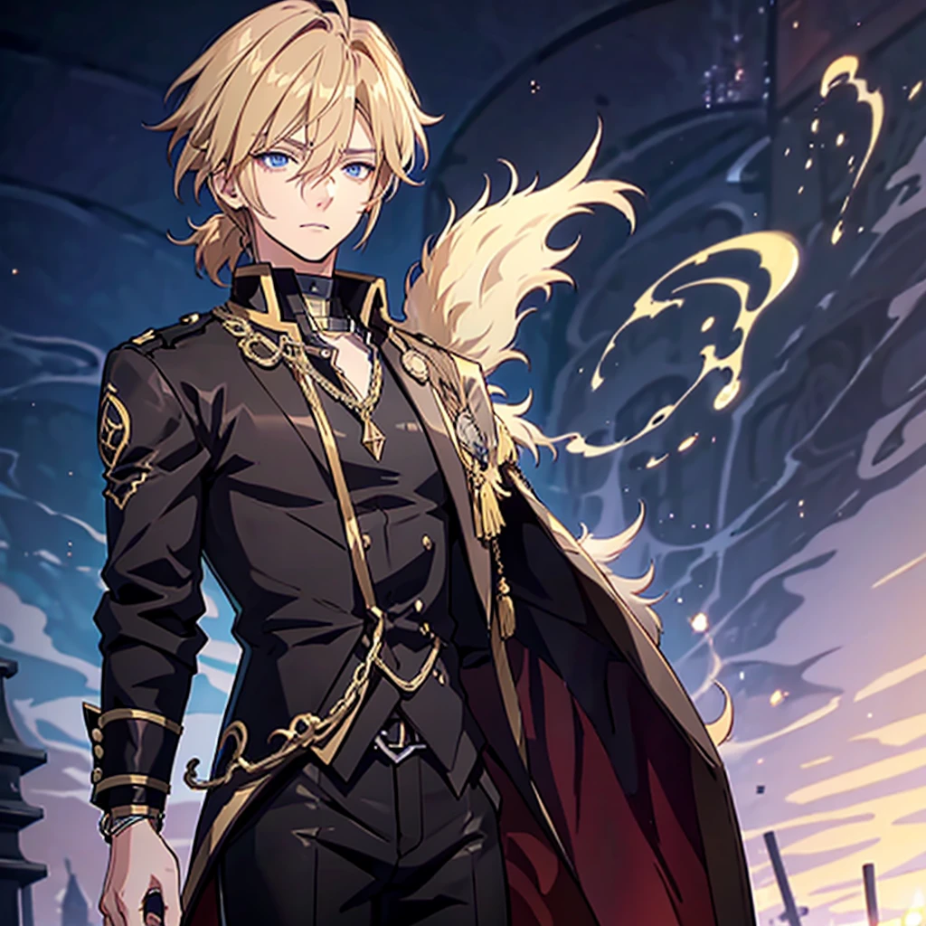 Anime attractive man, 20 year old, blonde hair, very very short ponytail, tall, muscular, solo, one person, light blue gold-accented, high-collared dress shirt, black choker, dark blazer with gold lining and buttons unbuttoned, long dark overcoat with a fur trim, rolled up sleeves, rolled up sleeves, rolled up sleeves, rolled up sleeves.