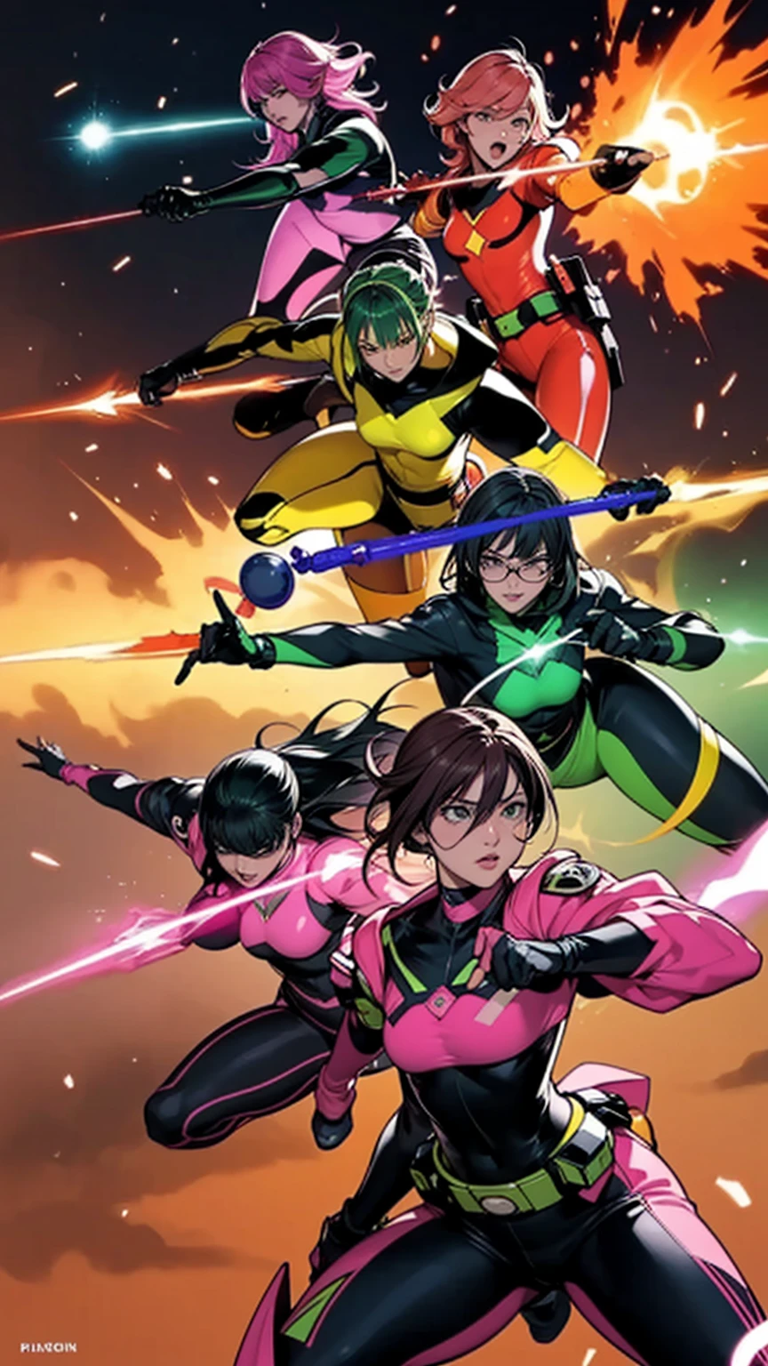 A brave and daring image of the six-woman Ranger team, Each is decorated with the following vibrant colors:: neon pink, Sunset Orange, Fire engine red, plasma violet, Fluorescent Green, shocking yellow. A dynamic pose with a background that oozes energy and courage.。, Embodying the essence of the classic Sentai superhero team. Each Ranger&#39;s outfit is sleek and modern, Each color has elements that reflect its theme., Ready for action. ((camel toe))