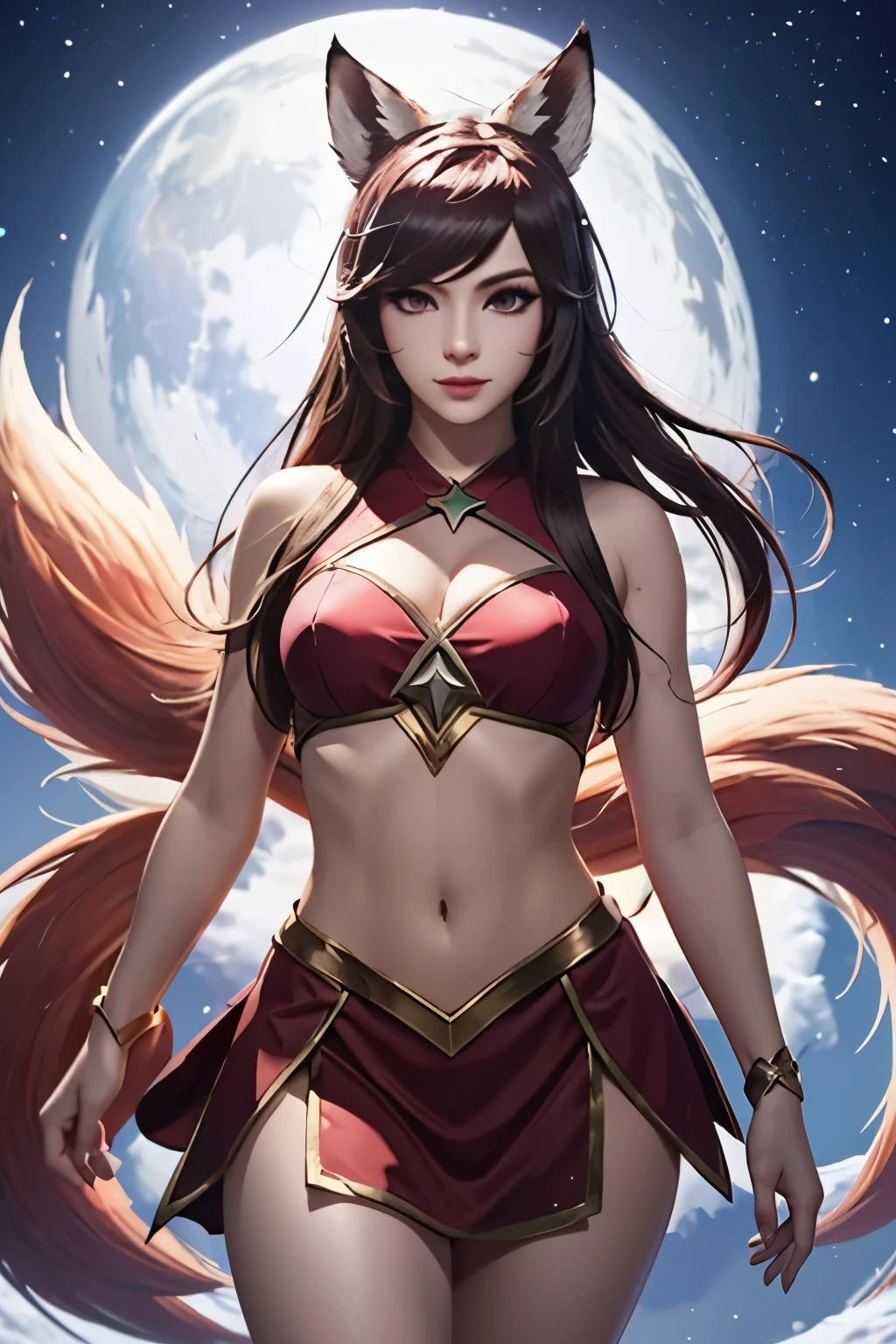 Ahri league of legends, nine red tipped fox tails, standing, face detailed, star guardian costume, fully body, super detaill, high resolution, 8k, Overview, iluminação Ray Tracing