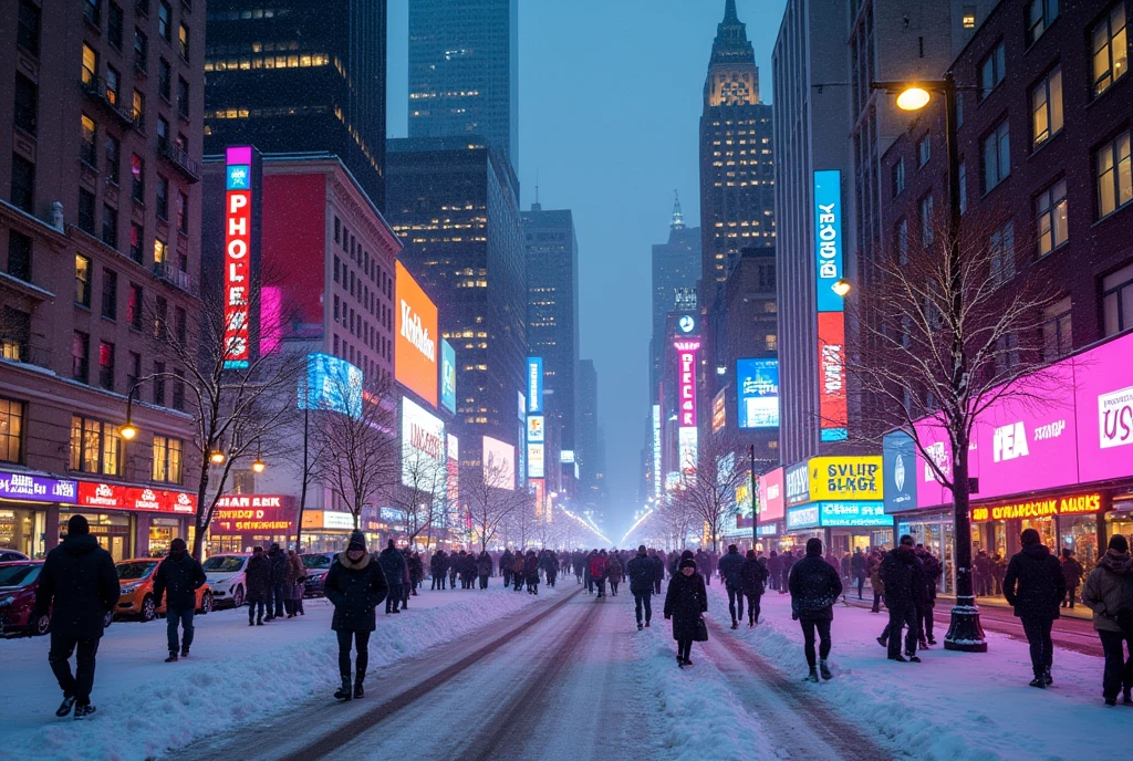 New York City, Very good images, Clearly, High sensitivity camera, Neon Town, Colorful, winter, snow