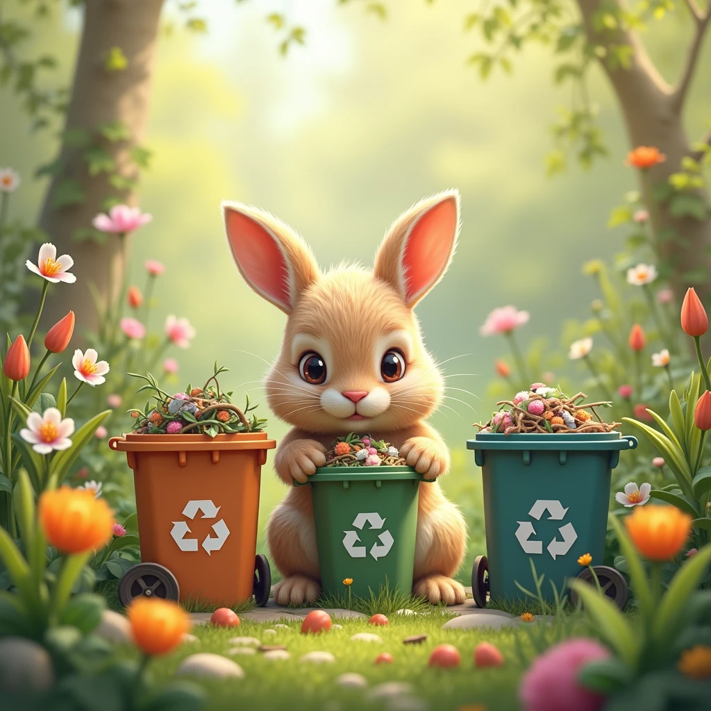 A cute rabbit is holding a bag of trash to sort into a bin in a lush spring garden, which has three bins categorized for recycling, organic waste, and other waste