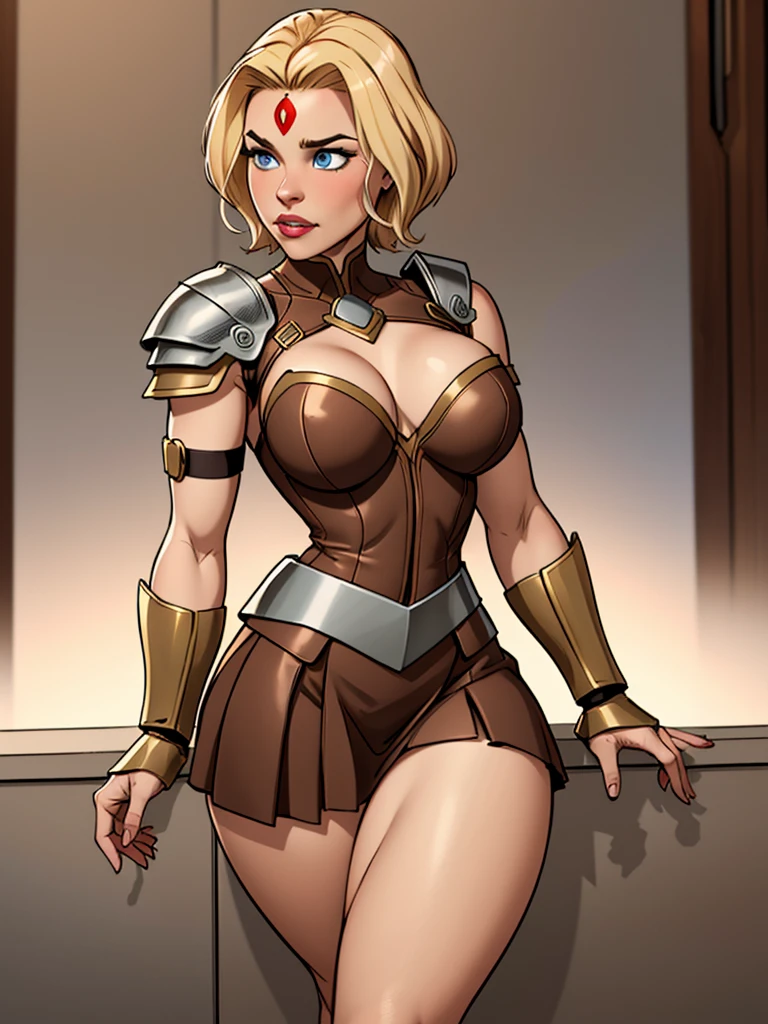 Girl with short blonde hair, blue eyes, Wearing A bodice of armor, a bodice of bronze-colored iron with a silver armband on one side of the shoulder, wearing a brown leather strip skirt, wearing a tiara on her forehead, and thick thighs, defined breasts