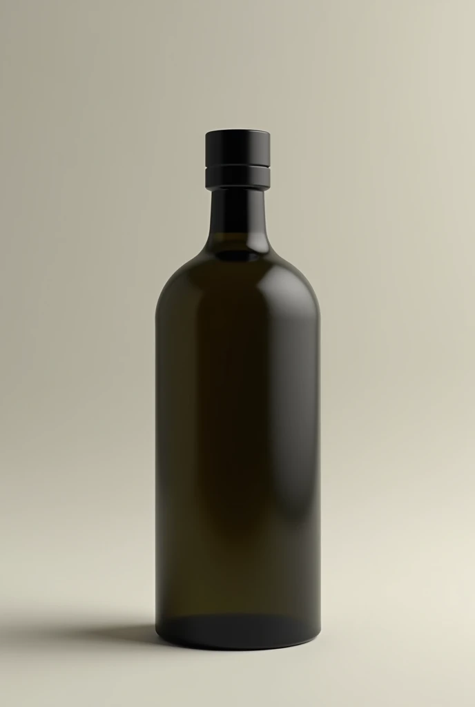 A bottle of dark olive oil, cylindrical in shape with a base that is narrower than the top and a narrow, short neck with a black cap
