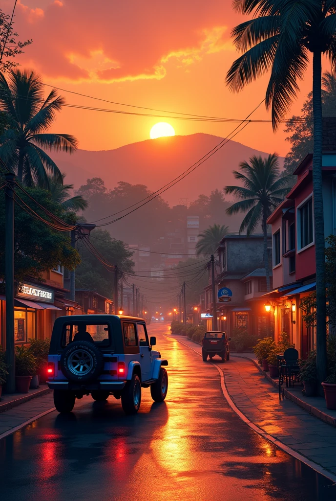 Graphic design studio,Indian city street,evening orange sky,greenish hill background,Jeep parking outside,wetroad