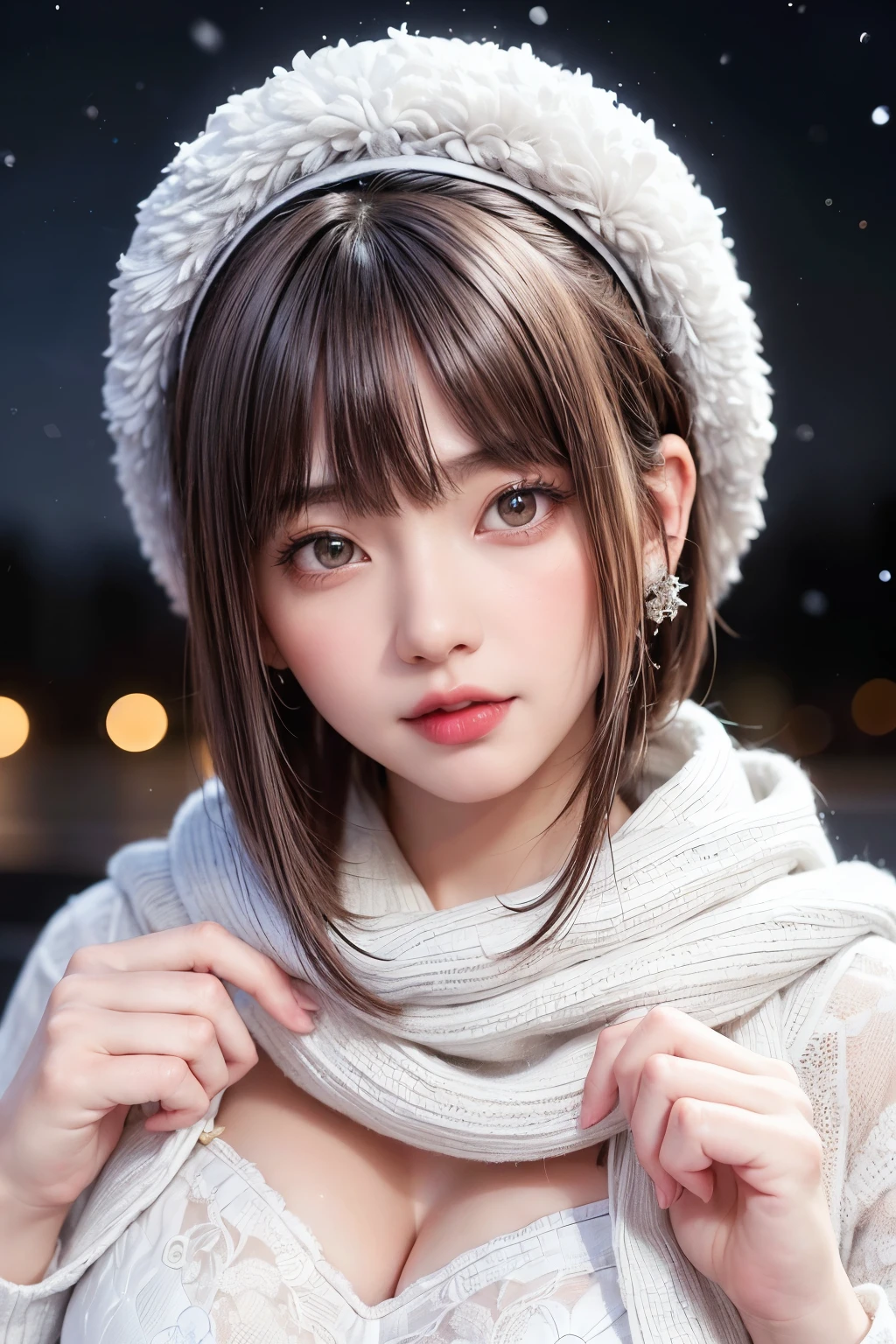 (masterpiece, Highest quality),One Girl, alone, Black-haired, scarf, Have, Realistic, Realistic, Looking at the audience, Light-coloured black eyes, Short brunette bob, Brown coat, Winter clothes, White headscarf, lips, prohibit, Plein Air, Mouth closed, Upper Body、Big eyes、eyelash、((Beautiful night scenery with sparkling snow falling、Large snowflake motif、A beautiful, empty, snowy night scene、Snow Scene))、(((Short bob hair with bangs、Shiny Hair、Big eyes、large full chest、Highlights the eyes、Gazing at the audience、Beautiful beauty、Listen carefully、Long neck、Laugh a little、Please close your mouth and laugh、Ideal body type)))、{Huge|big|Hugeな|Mega} chest:2, chestの谷間:2、