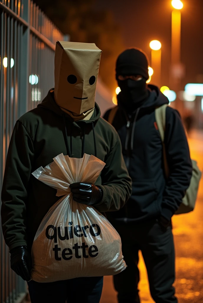 Raw photo with bokeh effect and lights and a metal fence in the background at a railway station in Barcelona at night. The word "QUIERO TETE" is written in black marker on a brown paper bag with holes for the eyes worn by an anonymous adult graffiti artist wearing black gloves and holding a plastic bag full of spray paint cans next to him. The brown paper bag covers his entire face except for his eyes, which are barely visible due to the deep shadows. And behind him is another member of his graffiti group wearing a balaclava and carrying a canvas bag. Orange street lighting